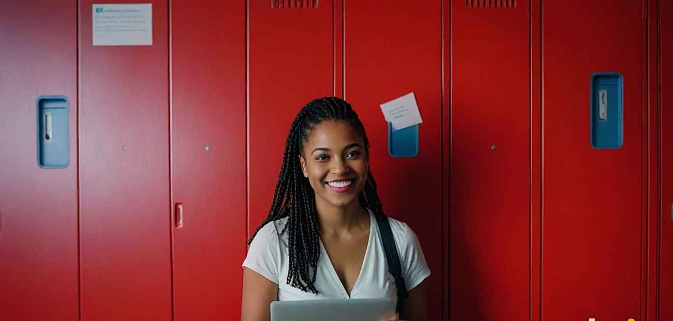 girl in front of locker AI generated image from VOISS Screenshot of a girl in front of a locker.